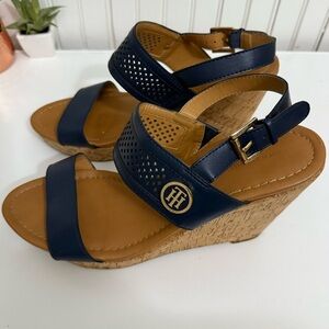 Tommy Hilfiger Memili Navy Blue Perforated Laser-Cup Cork Wedge Sandals Size 9.5